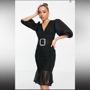 Classy Black Puff Sleeve Midi Dress